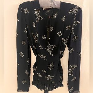 Stella McCartney Dark Navy Butterfly Print Blouse with Gathered Waist with Tie